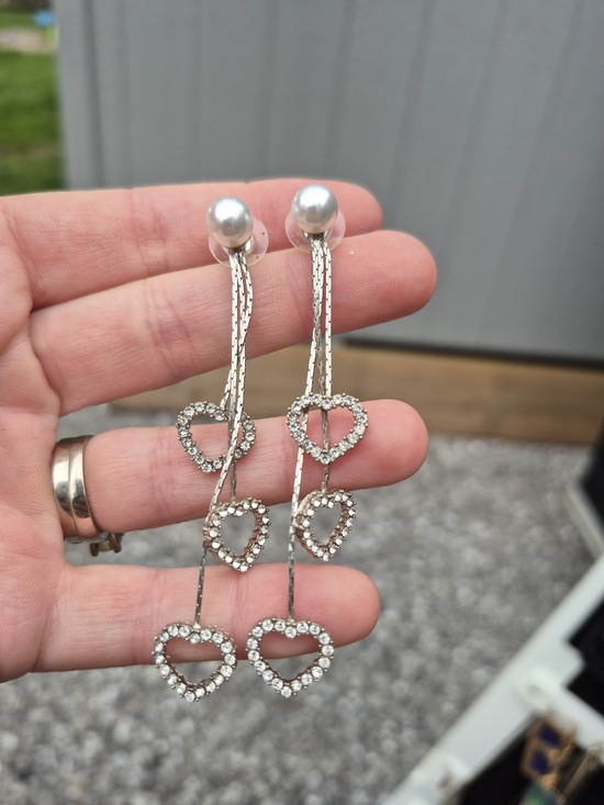 Jewelry - 3 For $15!! Silver Pearl-Top Dangle Earrings with Rhinestone Heart Drops
